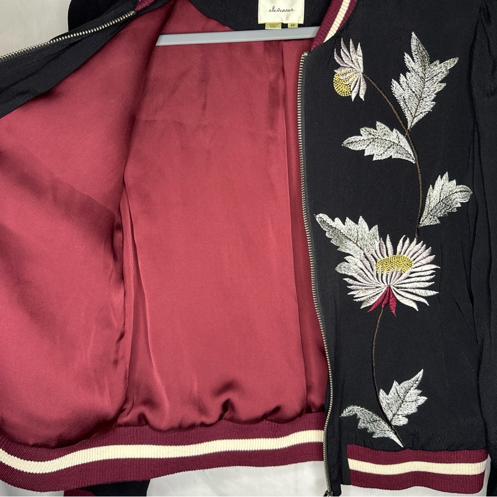 Elevenses Black Bomber Jacket with Floral Embroidery - Picture 6 of 9
